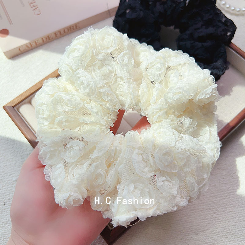 Korean-style white moonlight flower three-dimensional exquisite large intestine hair band, lace retro mesh hair rope, versatile bun hair accessory Specification drawing