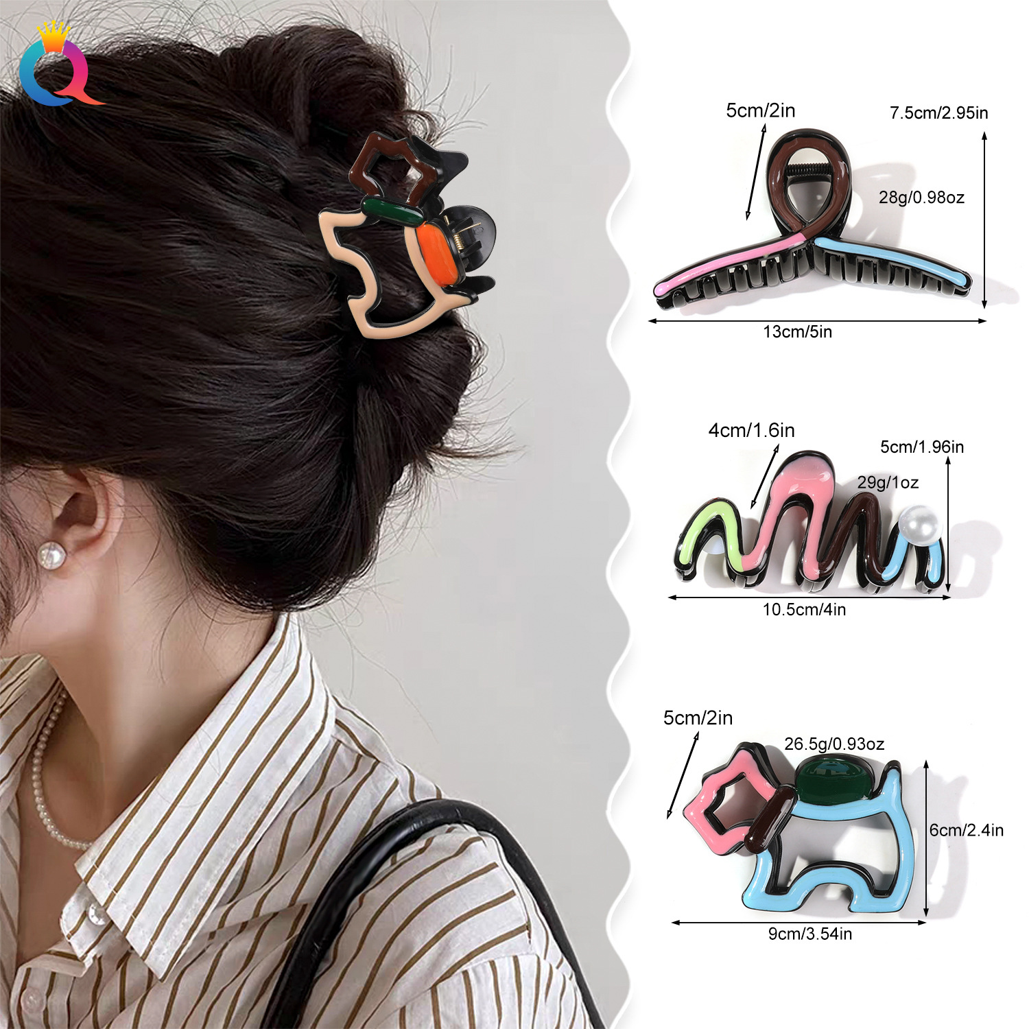 Qiyue Cross-border Oil-dripping mixed color hair clips, fashionable updo, puppy scratch clips, women's back of the head, shark clips, hair accessories wholesale details Picture