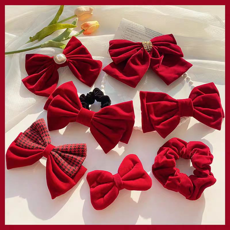 New Year red bow hairpin women's hair accessory, high-end double-sided velvet grabber, new New Year's hairpin shark clip full figure