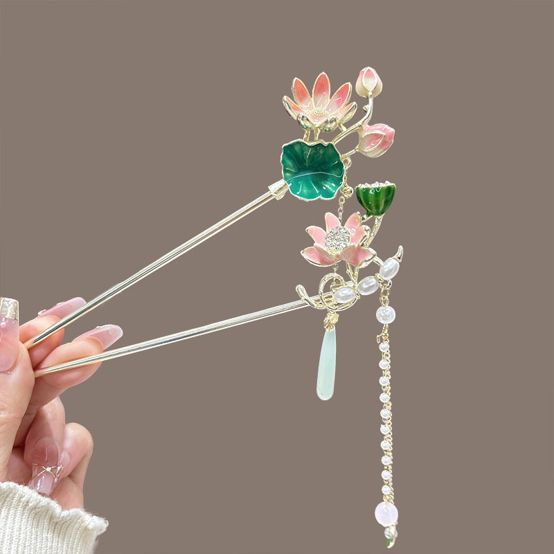 Ancient-style lotus leaf and lotus hair hairpin for women, new style, wavy, tassel hair, back of the head, coiled hair hairpin, hairpin accessory details Picture