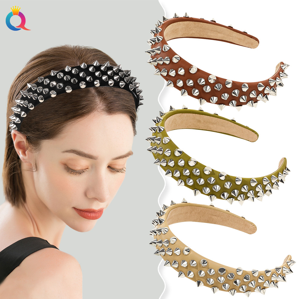 Qiyue European and American retro rivet hair bands, high top leather headbands, high-end face-washing hair hole women's hair accessories wholesale full figure