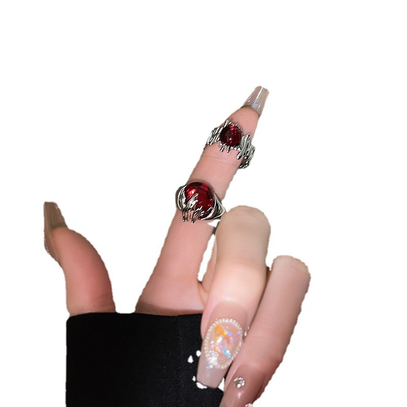 Irregular red stone open ring, a niche design trend for women, an ins cold style high-end ring, a fashionable index finger ring Item Picture