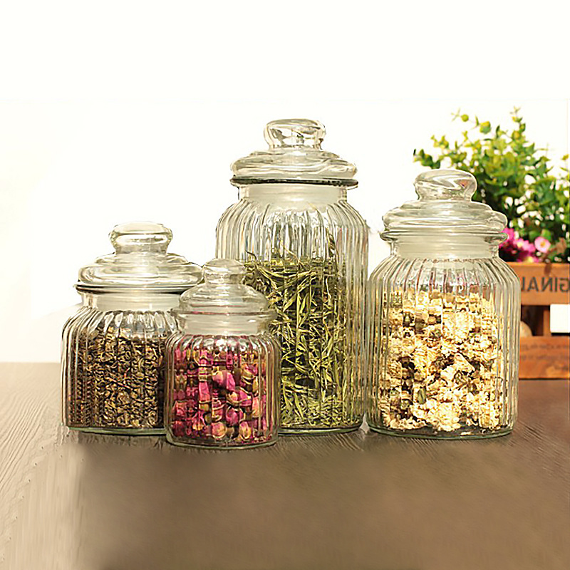 Glass storage jars for flower tea, tea leaves, kitchen food, seasonings, grains, candies and honey Application Scenario