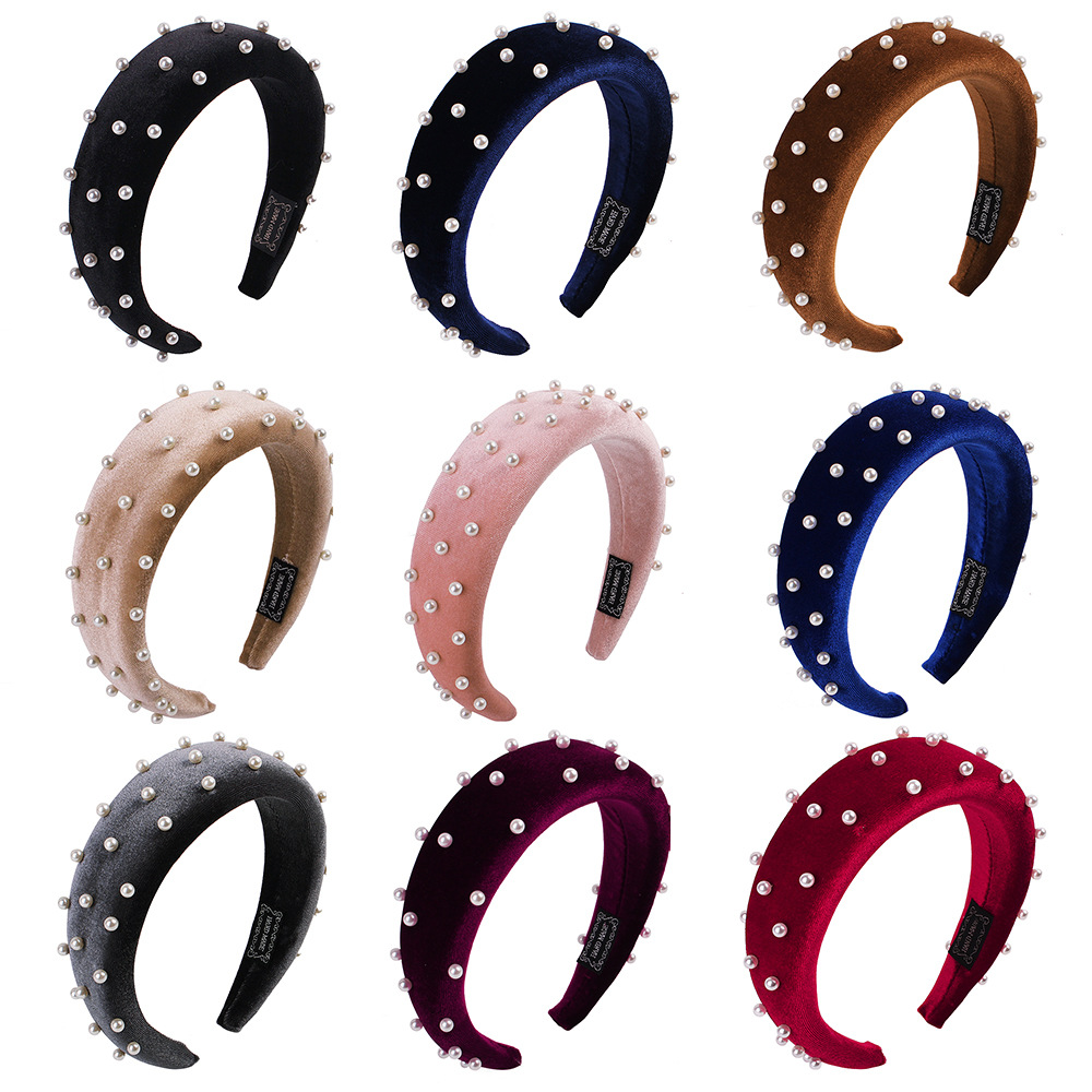 Qiyue Cross-border Trendsetter Fashion Show Creative New pearl knotted thickened sponge fleece hair band and headband E13 full figure