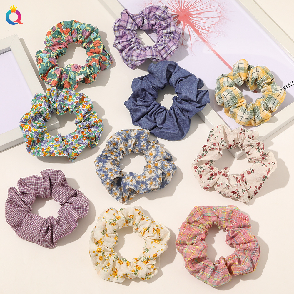 Qiyue French Large Intestine circle floral checkered hair tie, retro fabric country-style hair rope, forest-themed hair rope, popular online hair accessory full figure