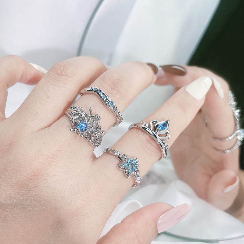 A high-end, irregular sea blue zircon open ring for women, a light luxury and fashionable style, versatile, simple and individual ring Specification drawing