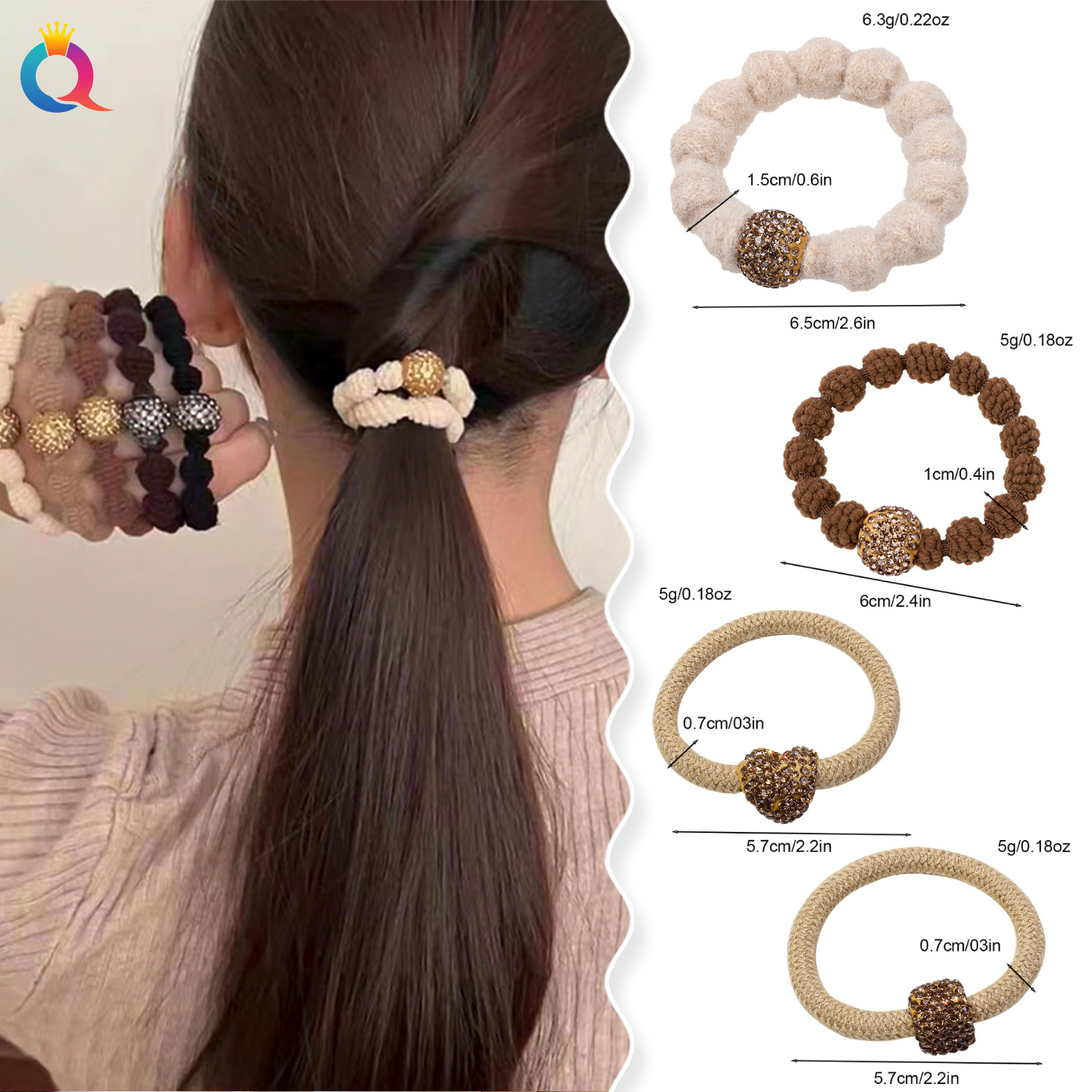 Qiyue Cross-border Autumn and Winter plush hair bands, high-elasticity rhinestone hair ties, leather band hair ties, Maillard hair accessories wholesale Specification drawing