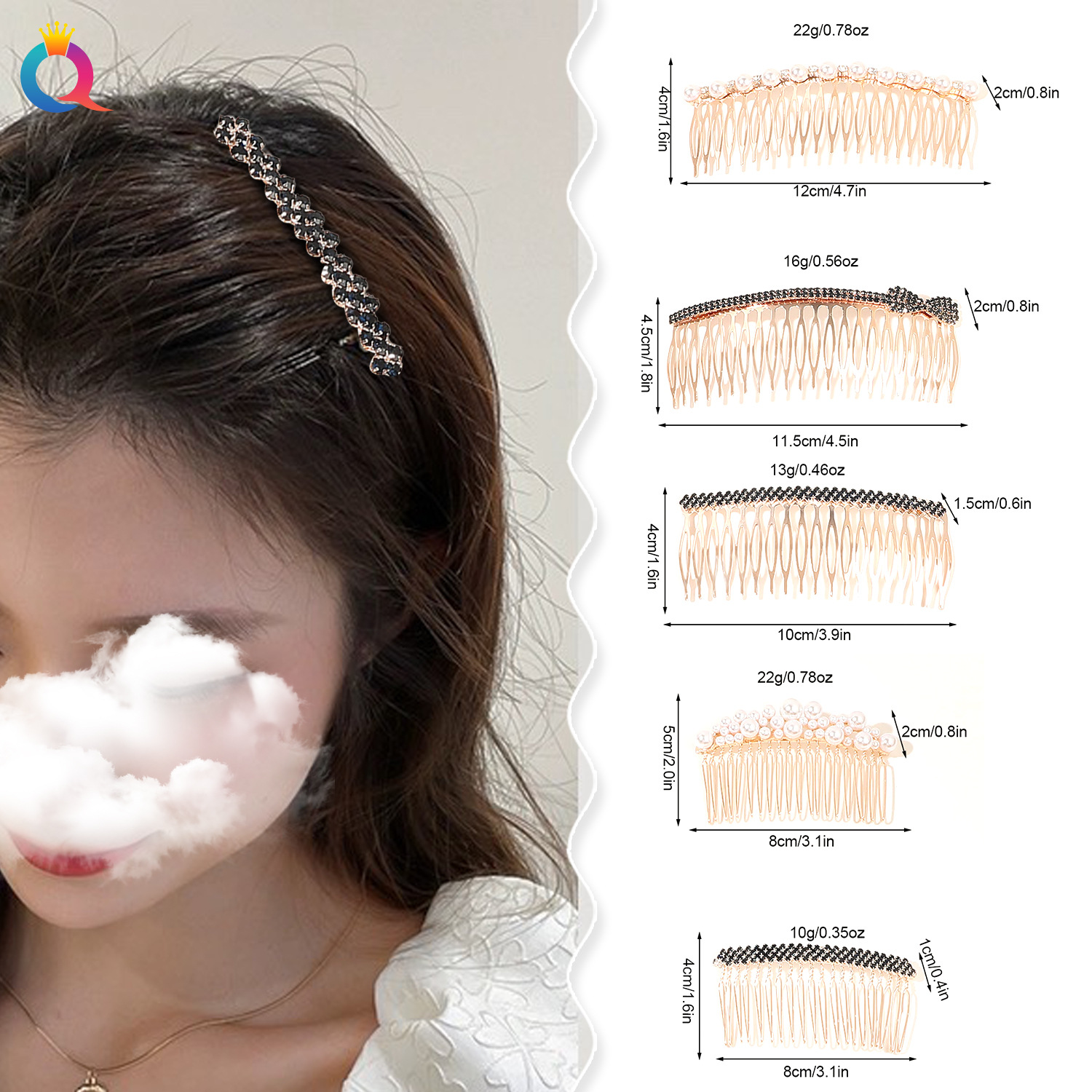Qiyue Amazon Water Diamond Fashion Pearl Hair Comb, alloy insert comb, Women's metal broken hair Bun, hair accessory wholesale details Picture