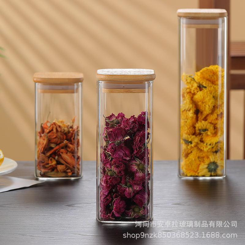 Customized square kitchen storage jars for grains and cereals, sealed tea cans, and cross-border glass sealed storage jars Specification drawing