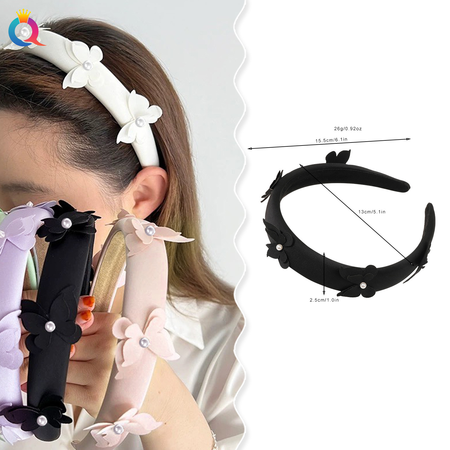 Qiyue Amazon Sponge hairband for feminine charm, high skull top headband, butterfly pearl hair hole, high-end hair accessory wholesale details Picture