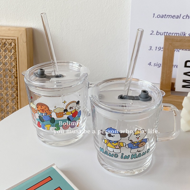 Wholesale of Bolimei designer cartoon pattern glass cups, student water cups with LIDS, drinking cups Specification drawing