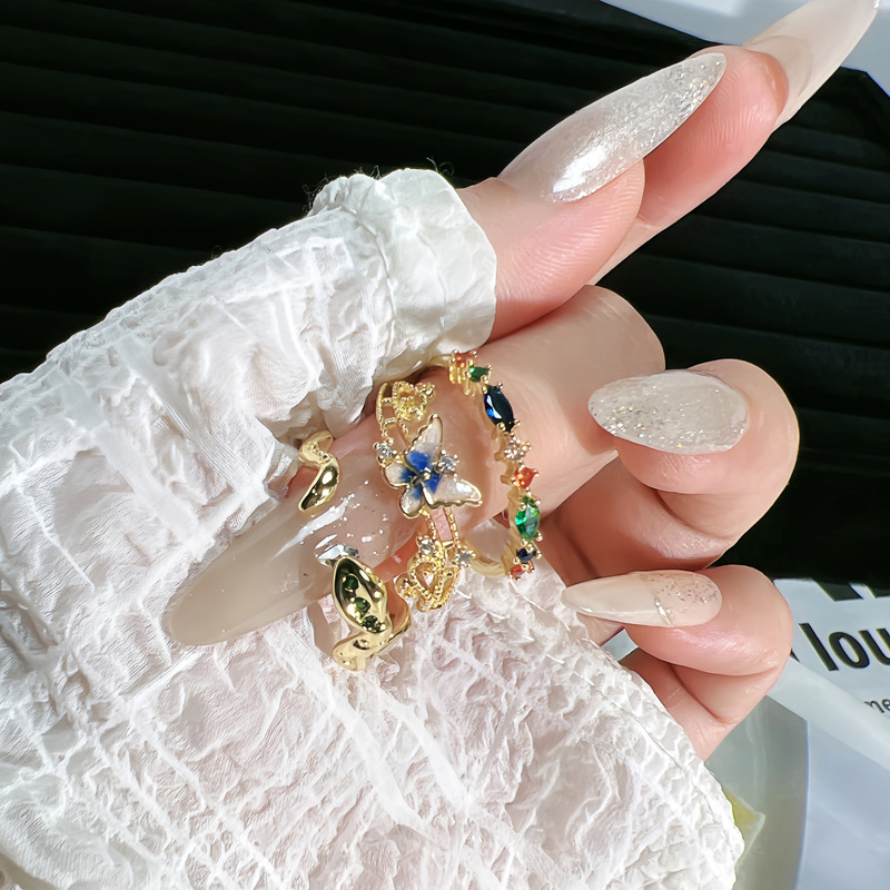 New Chinese-style personalized enamel gradient butterfly lace niche open ring, women's colored diamond exquisite and versatile snake-shaped ring details Picture