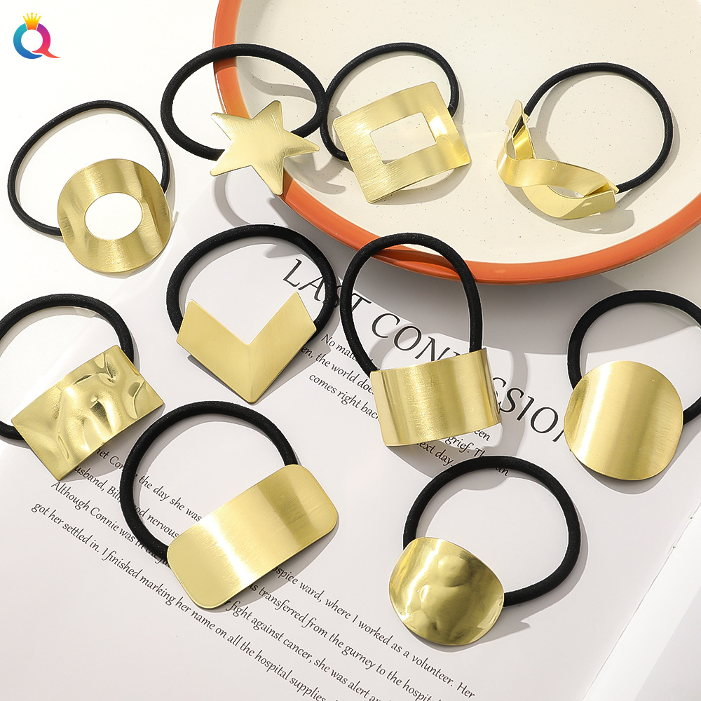 Qiyue Korean version cold style geometric metal cutout hair band, square rubber band, circle V-shaped hair tie, hair accessory details Picture