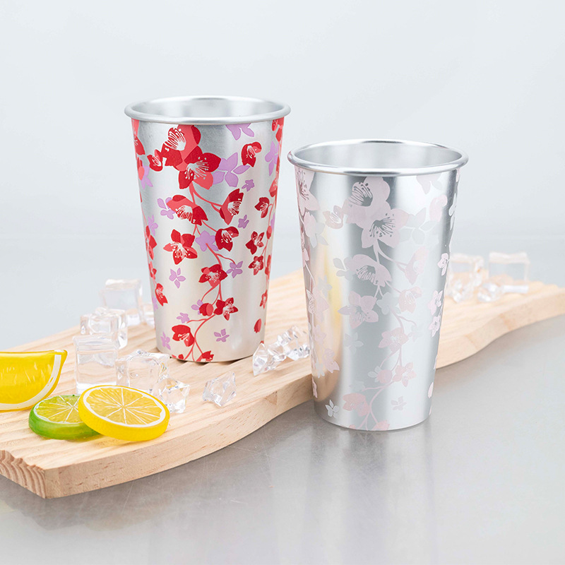 Creative cherry blossom color-changing aluminum cup, temperature-sensitive rolled edge cold drink cup, outdoor camping aluminum single-layer color-changing cup full figure