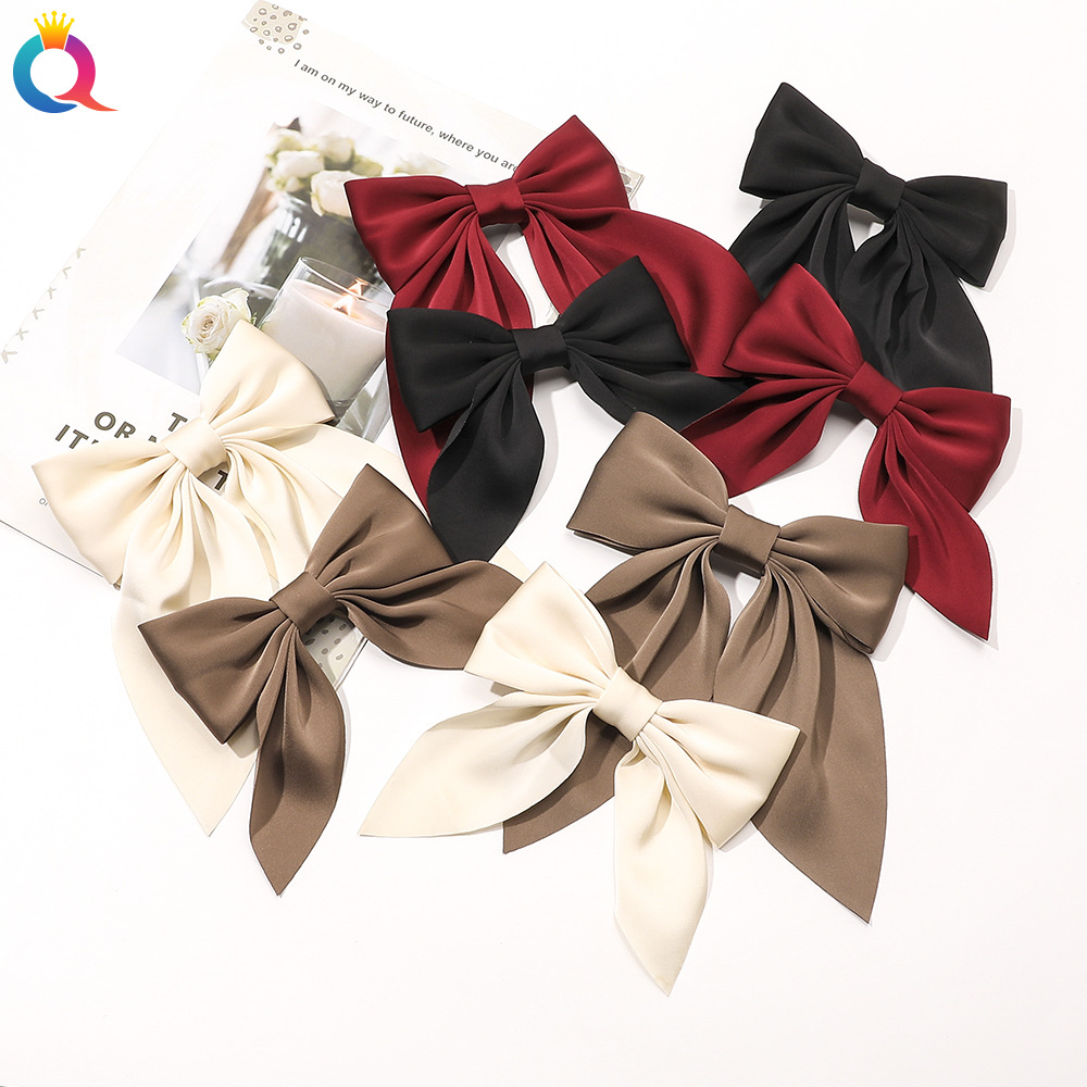 Qiyue Korean double-sided satin bow duckbill clip, versatile and simple ribbon fringe clip, super ethereal style for going out hair clip details Picture