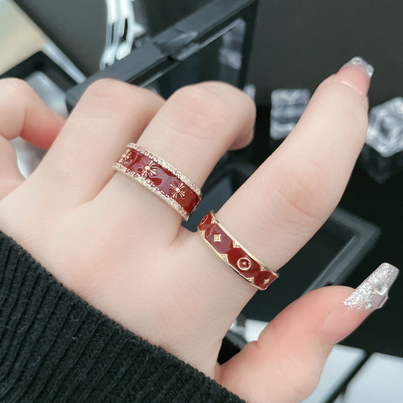 A new red drip glaze whitening retro and fashionable open ring for women's ins, with a unique and high-end feel and a light luxury style details Picture