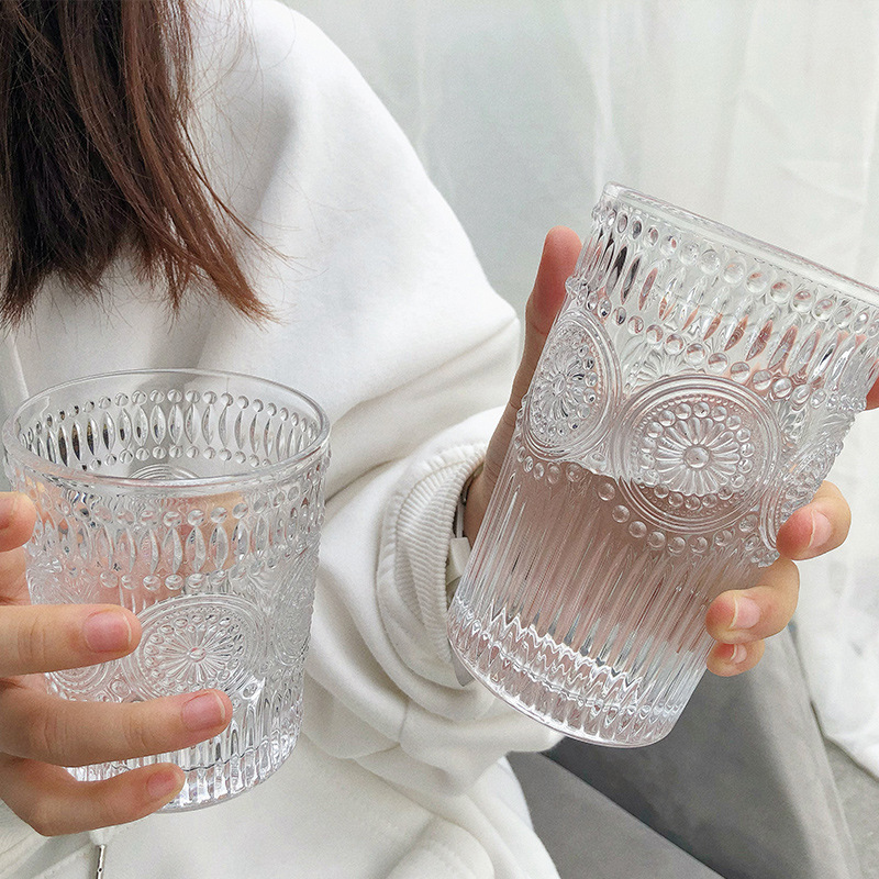 Nordic ins embossed golden edge glass cup, retro sunflower water cup, breakfast milk tea cup, gift printed logo full figure