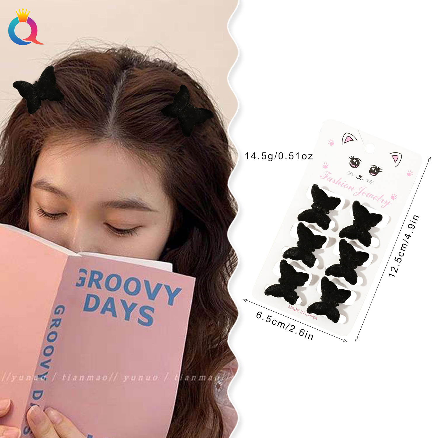 Qiyue Cross-border Black series small flocked hairpin, simple and versatile hair clip, side bangs clip, hair accessory wholesale Specification drawing