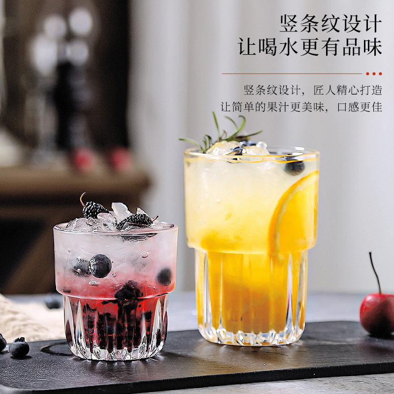 Ins-style internet-famous restaurant glass coffee cups, latte cups, striped transparent milk breakfast cups, home juice cups Specification drawing
