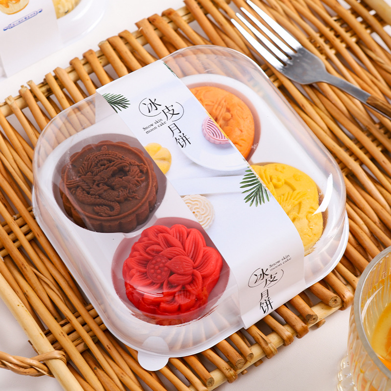 Ice skin mooncake packaging box: 6 pieces, egg yolk pastry, snow cream, transparent 4 pieces, green rice balls, glutinous rice dumplings, packed baking blister box Specification drawing
