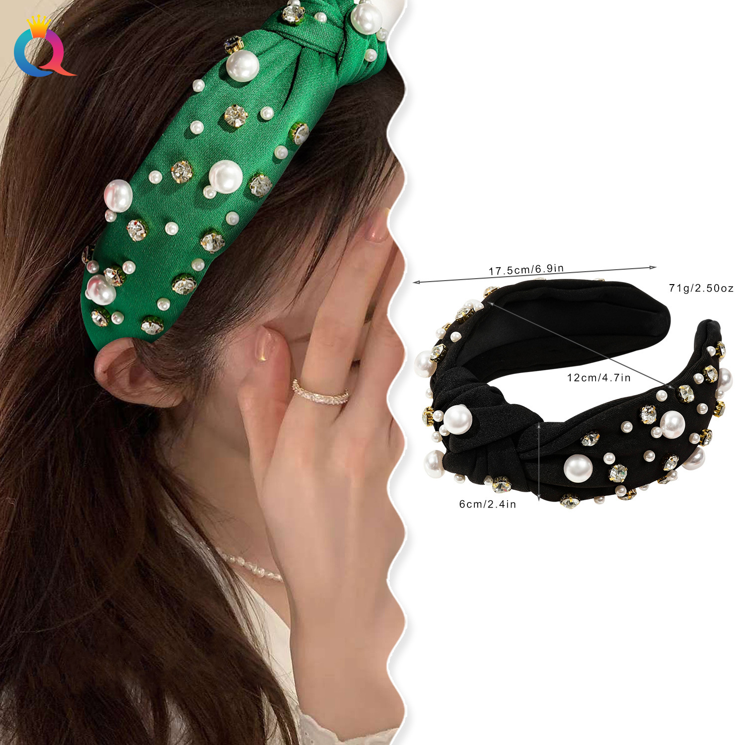 Qiyue Cross-border diamond-encrusted pearl hair Band for women, high-end and fashionable wide-edge pressure hair band, face wash hair hole hair accessory wholesale details Picture