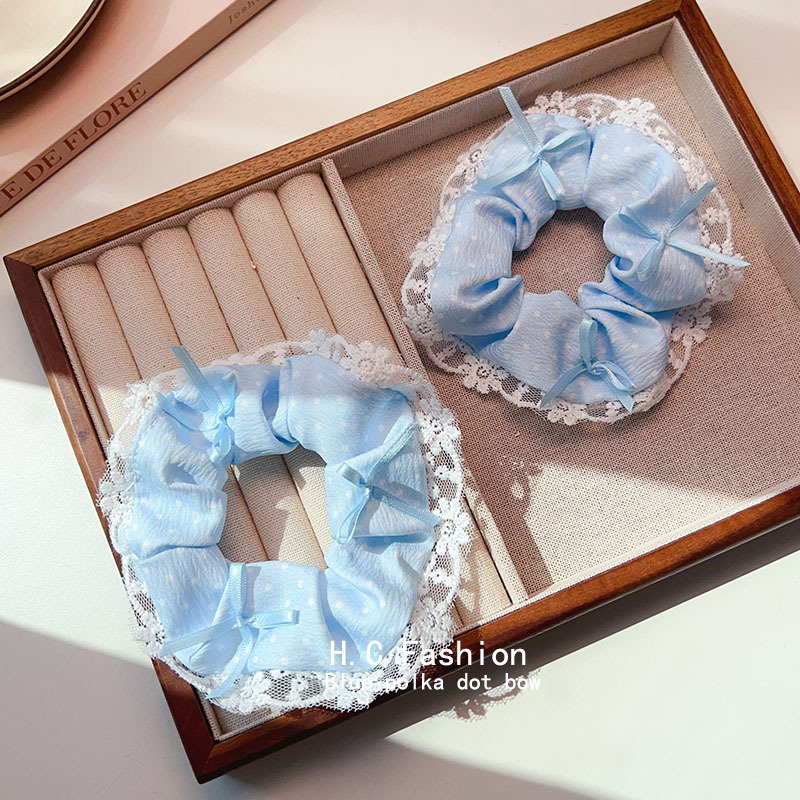 Korean-style cream polka dot large intestine hair band, lace ribbon, bow, lace headband, hair tie, ballet girl hair accessory details Picture