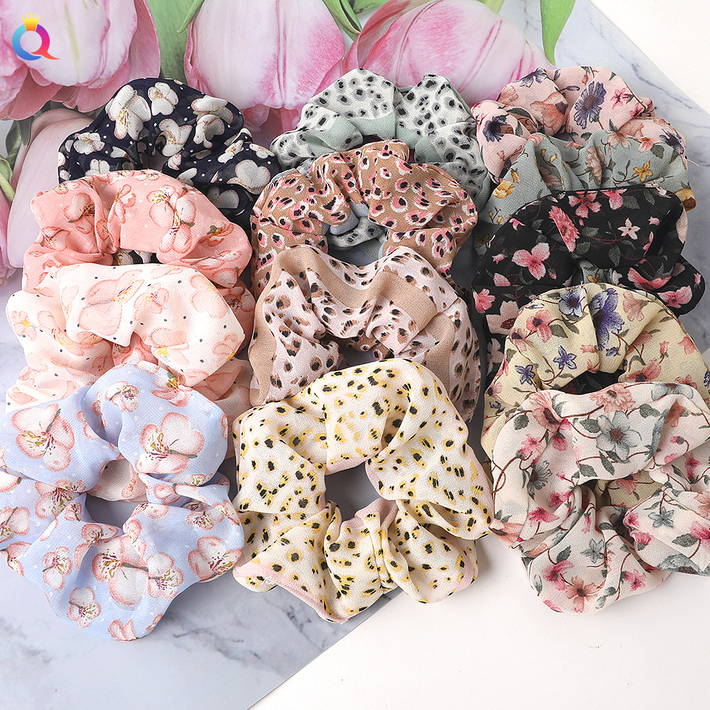 Qiyue Cross-border Fresh and Delicate Floral Large Intestine Hair Ring Cross-border Exclusive Fabric Hair Flower Chiffon Ponytail Large Intestine Ring C218 details Picture