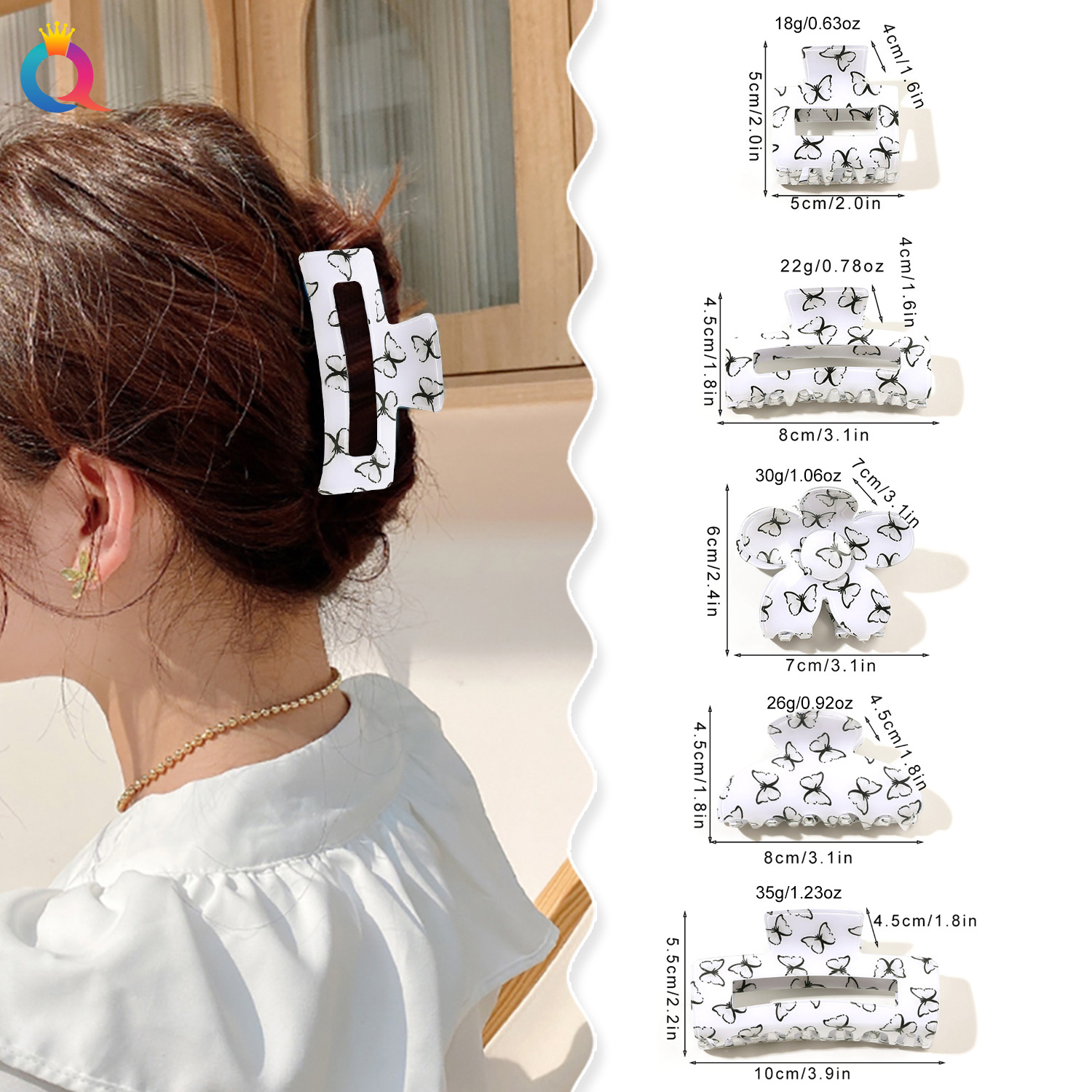 Wholesale of Qiyue PVC printed butterfly hair clips, updo acrylic grab clips, high-end semi-tied hair shark clips, hair accessories details Picture