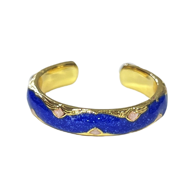 Simple and romantic starry sky blue drip glaze personalized open ring for women, fashionable and niche design sense, cold style couple ring Item Picture