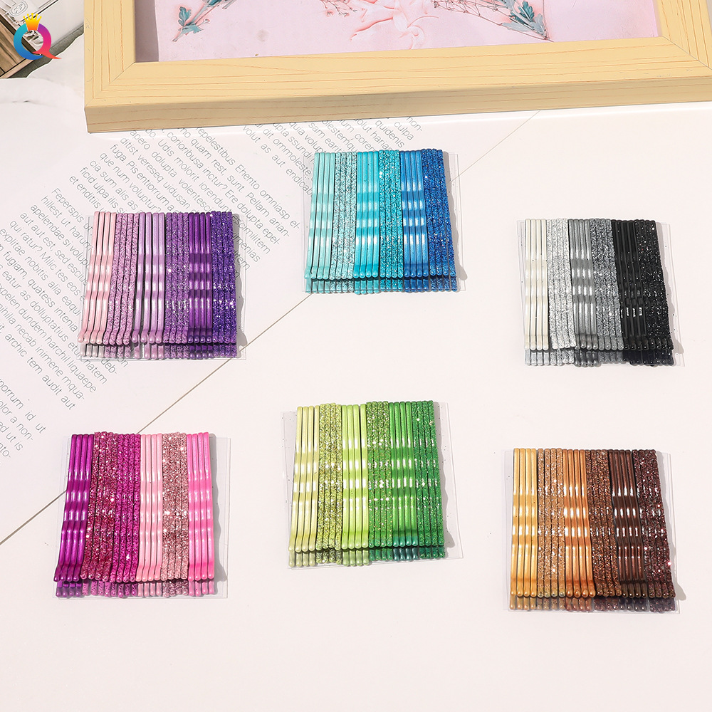 Qiyue's new Korean version glitter one-word clip, color baked paint hair clip, metal wave Korean gold powder hair clip full figure