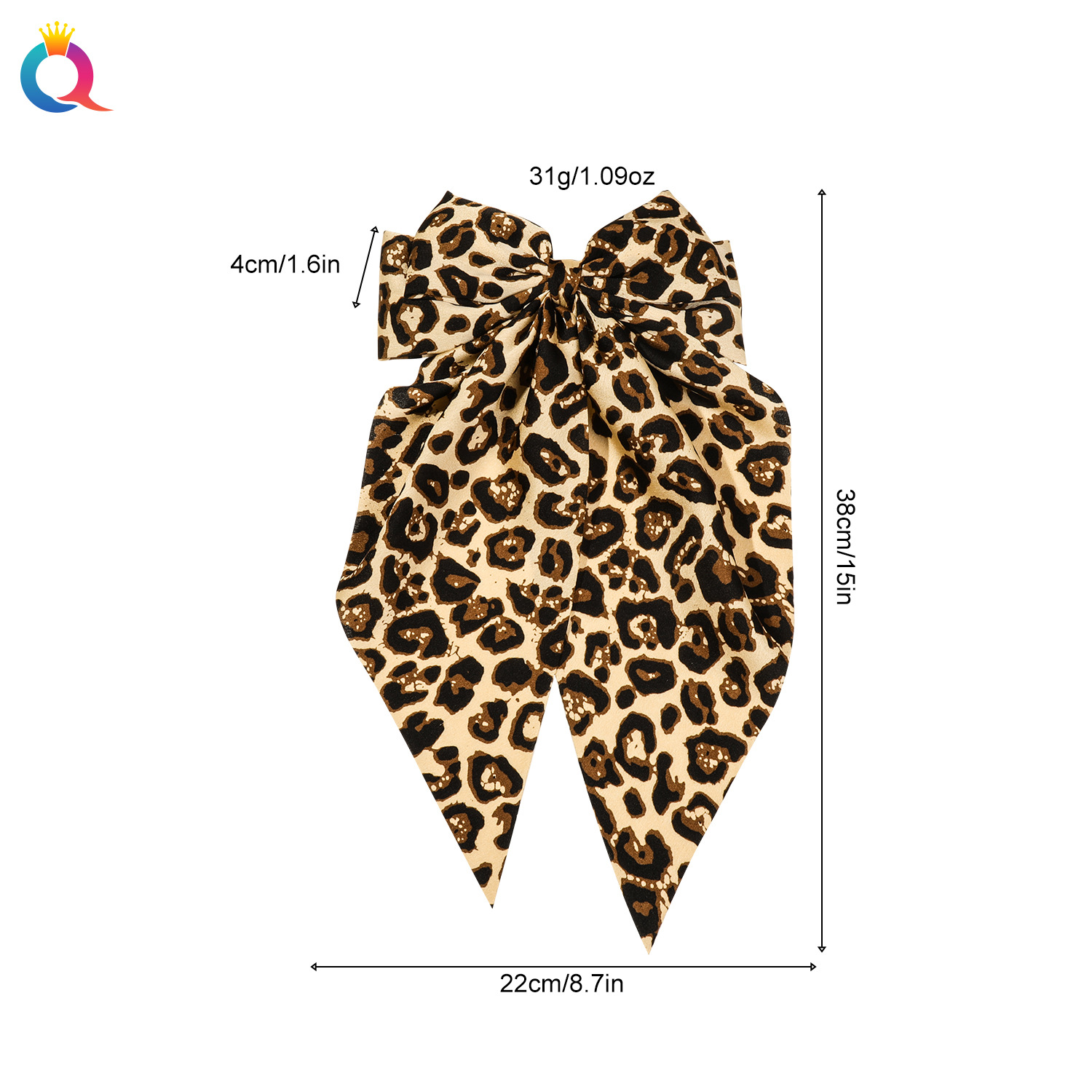 Wholesale of Qiyue Cross-border European and American retro leopard print bow print ribbon spring clips and elegant ponytail fabric hair clips Specification drawing