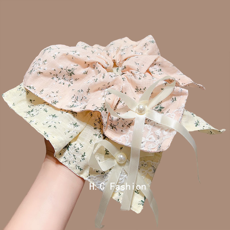 High-end bow fabric handkerchief, large intestine hair band, sweet and cute, fresh and small ponytail floral hair band and hair accessory details Picture