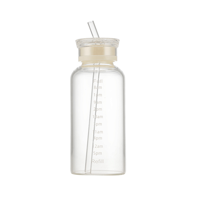 Wholesale of large-capacity graduated glass water cups, high-temperature resistant straws, double-lid fruit tea cups, outdoor couple milk cups for tea brewing Item Picture