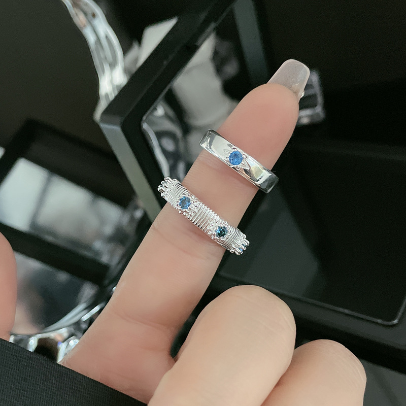 Blue zircon starlight brushed open ring, a niche design for women, trendy, light luxury, versatile, unique, sweet and cool index finger ring Specification drawing