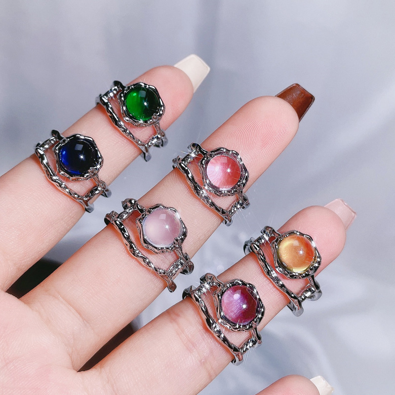 Sweet and cool style candy colored moonstone fashionable and individual open ring, high-end and elegant, cold style versatile ring Specification drawing