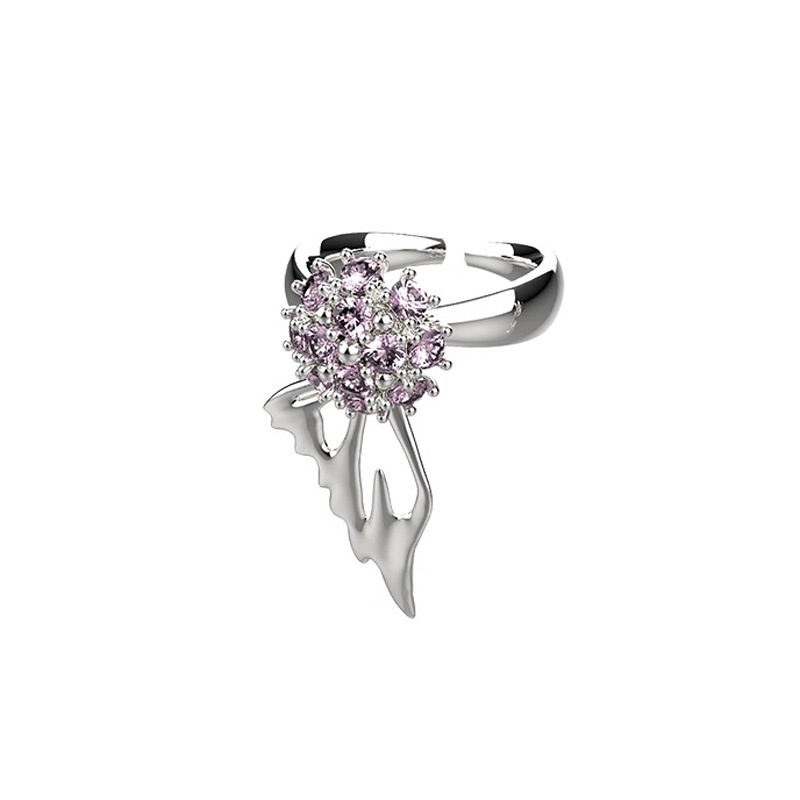 European and American style pink diamond flower wing open ring, sweet and cool, exquisite and fashionable, versatile, ins cold style ring trend full figure