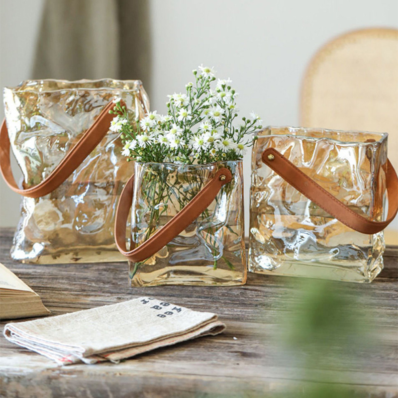 Handbag, high-end glass vase, the same style as the Internet celebrity, high appearance level, light luxury living room dining table flower arrangement, vessel Specification drawing