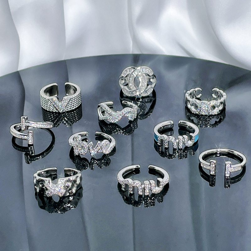 Simple letter zircon light luxury high-end open ring for women's ins cold style versatile, fashionable and exquisite index finger ring Specification drawing