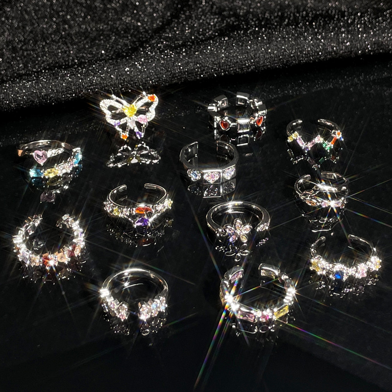 New irregular colored diamond zircon light luxury open ring, a niche design for women, with a cold and unique style, sweet and cool index finger ring Specification drawing