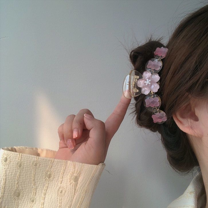 Sweet and cute cherry blossom bear transparent large grabber, high-end look, shark clip at the back of the head, hair clip, headwear for women details Picture