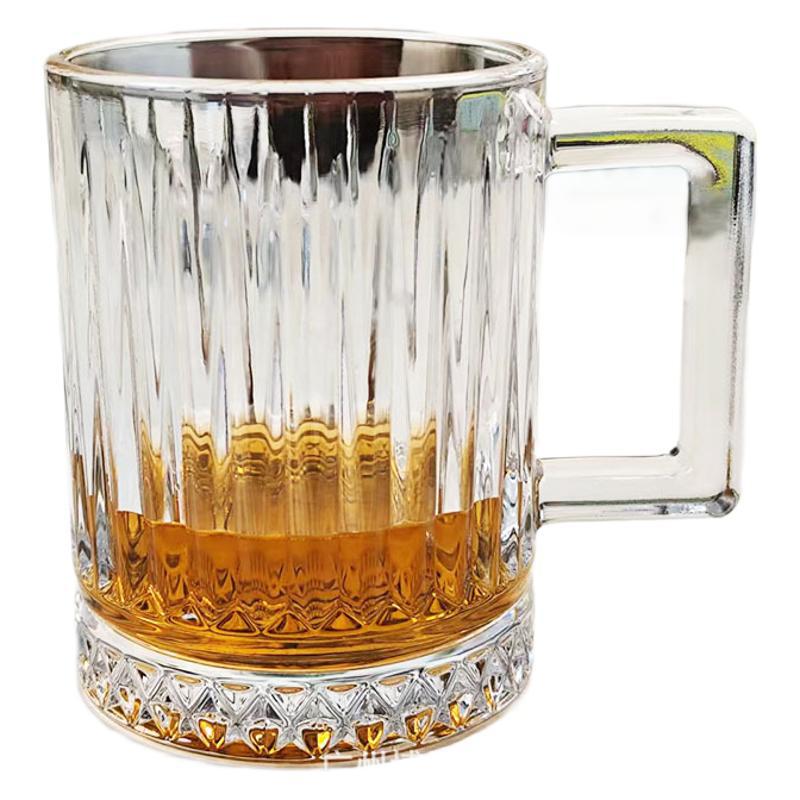 Thickened glass beer mug, household heat-resistant handle tea brewing cup, simple striped juice drink breakfast milk cup Item Picture