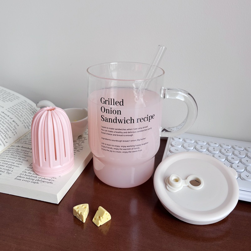 High appearance level straw glass water cup with lid, household with straw letter straw cup, high borosilicate heat-resistant cup for students details Picture