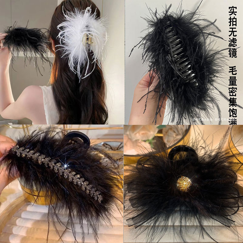 Mesh cat ear feather hair clips, female ostrich feather grappling clips, high-end spring and summer hair accessories, black furry shark clips Specification drawing