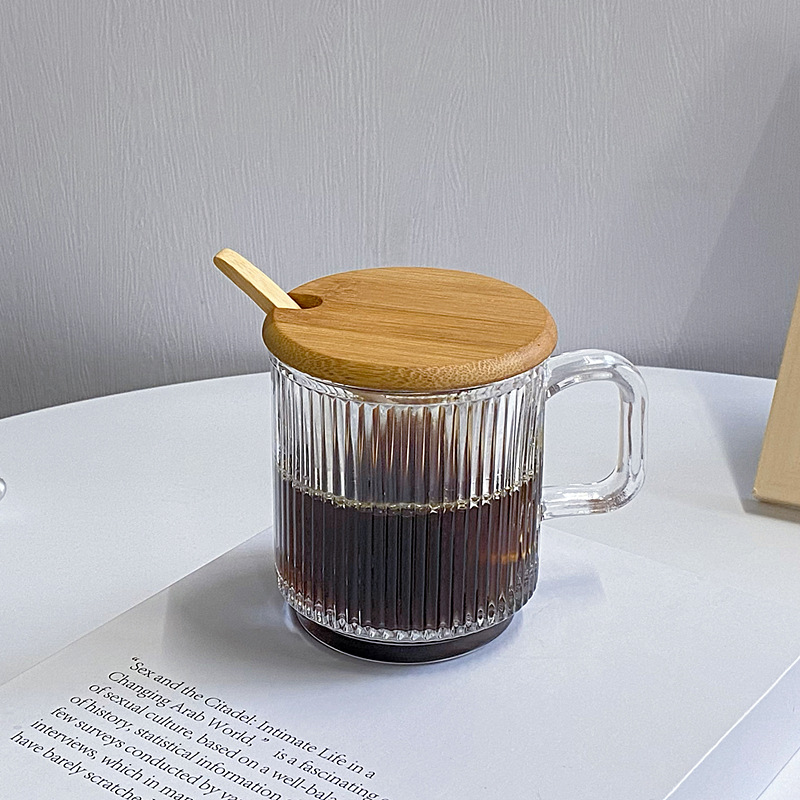 Ice-american glass cup, Korean-style ins with handle, simple vertical striped iced latte coffee cup, cold drink mug, water cup full figure
