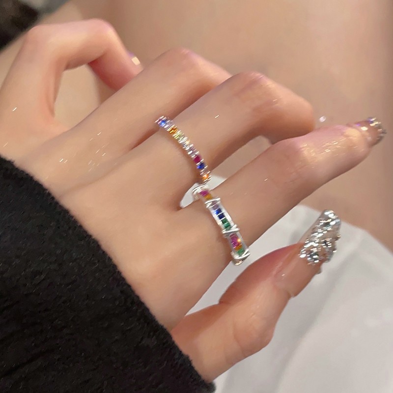 Sweet and cool rainbow Zircon ring, a niche design for women with a high-end feel, a light luxury index finger ring with an adjustable opening, a new type of ring Specification drawing