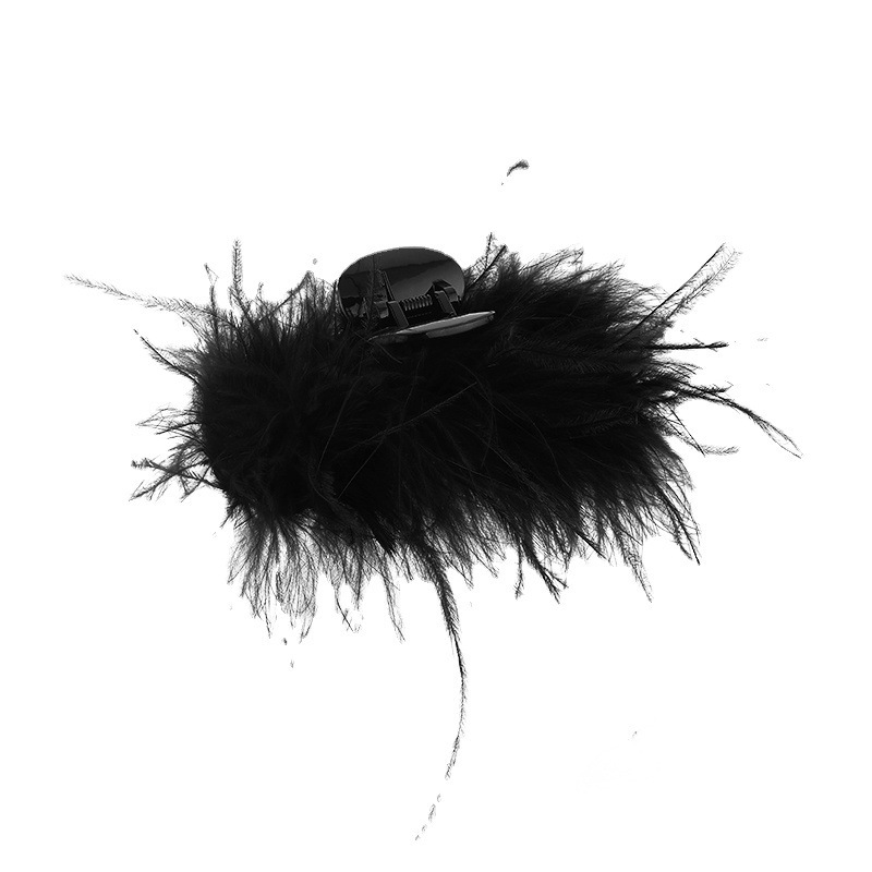 Mesh cat ear feather hair clips, female ostrich feather grappling clips, high-end spring and summer hair accessories, black furry shark clips Item Picture
