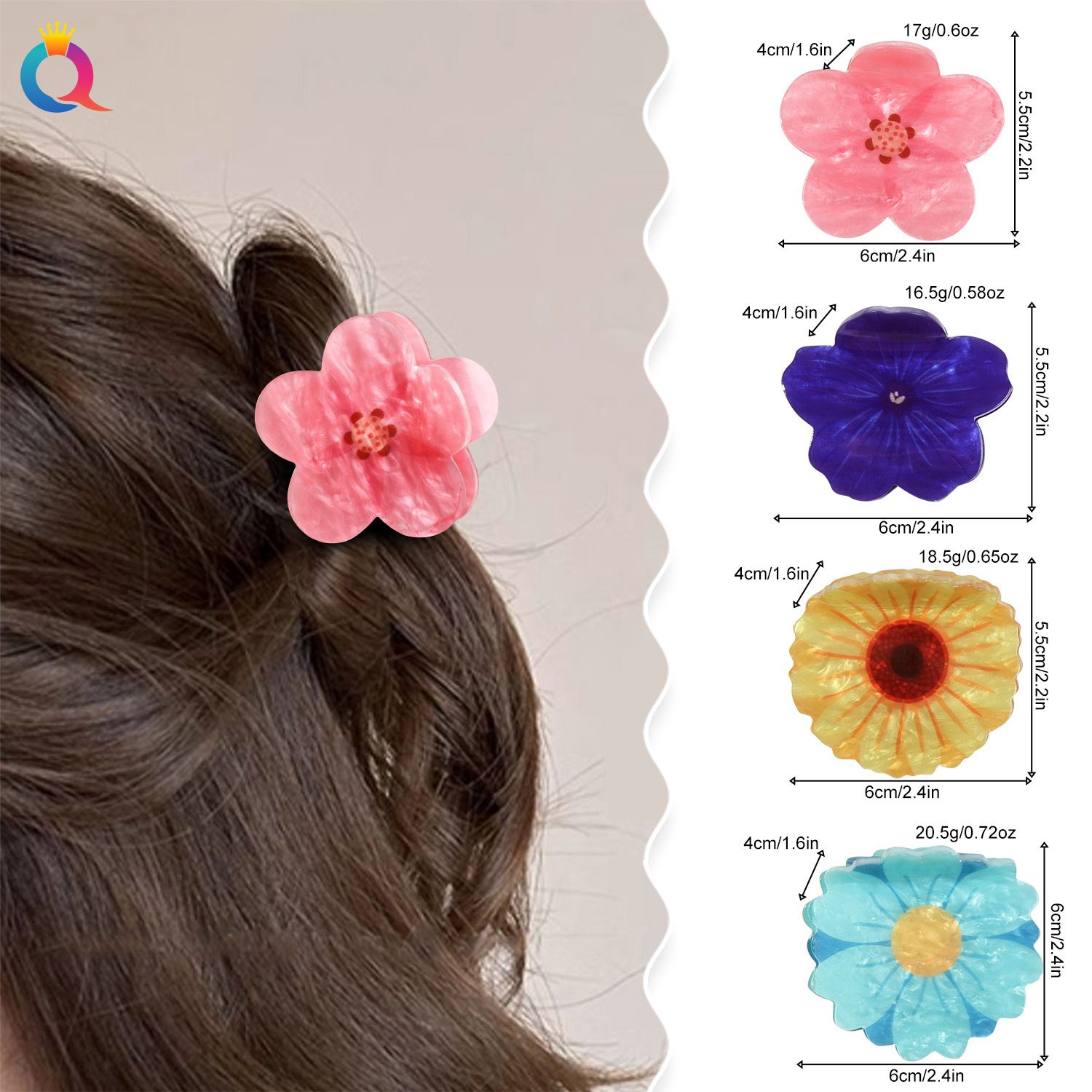 Qiyue Cross-border Acrylic flower hair clips, cute updo ponytail grab clips, high-end shark clip hair accessories wholesale Specification drawing
