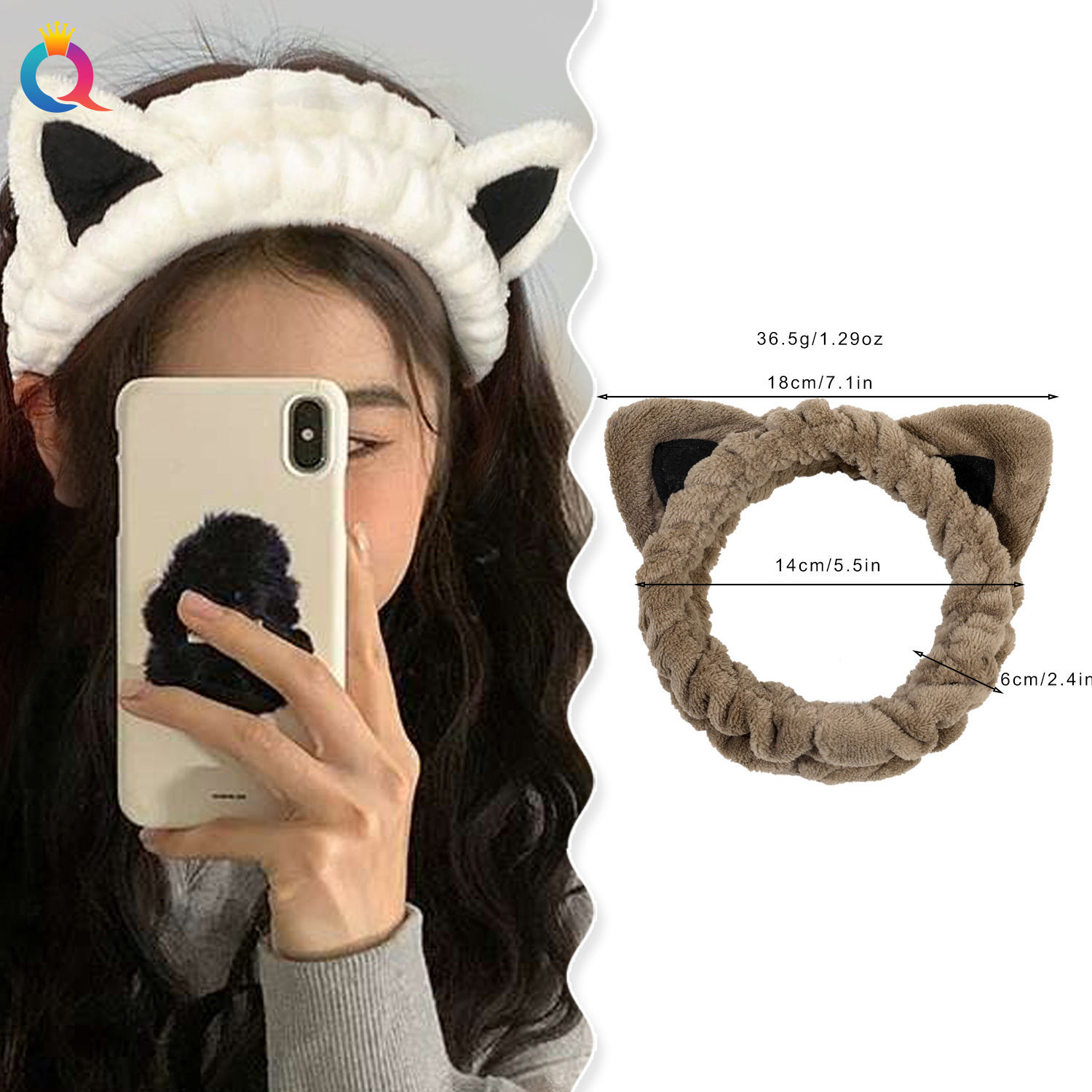 Qiyue Cross-border Cartoon plush cat ear Hair Tie, women's hair pressing, face washing headband, simple and versatile headscarf and headwear wholesale details Picture