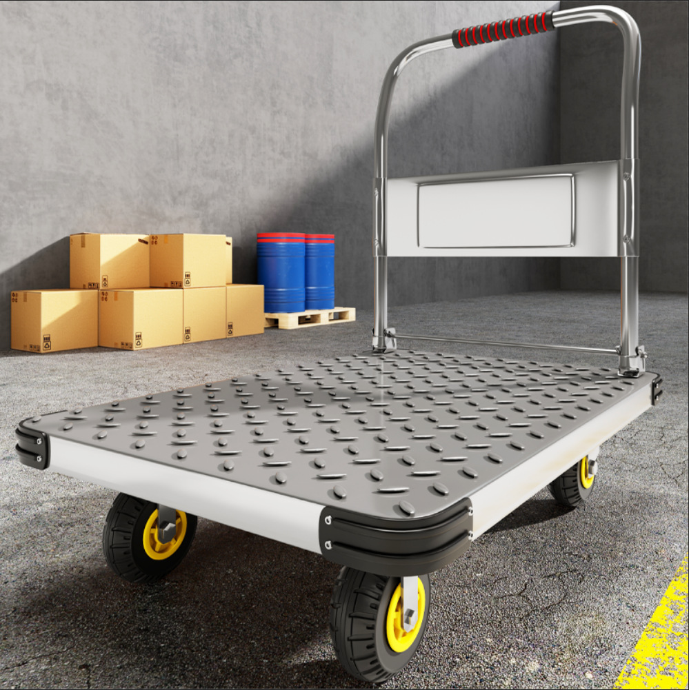 Steel plate hand cart, four-wheel silent handling cart, express delivery loading cart, flatbed cart, small cart, folding trailer, pushing and pulling cart full figure