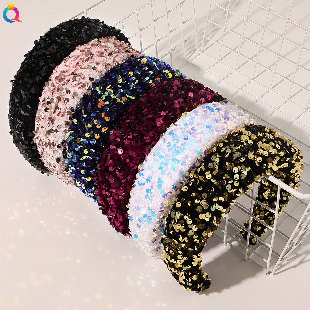 Qiyue Cross-border Amazon Sequin Sponge headband Dance Show Trend ins Wide Edge headband Wholesale Hair accessories full figure
